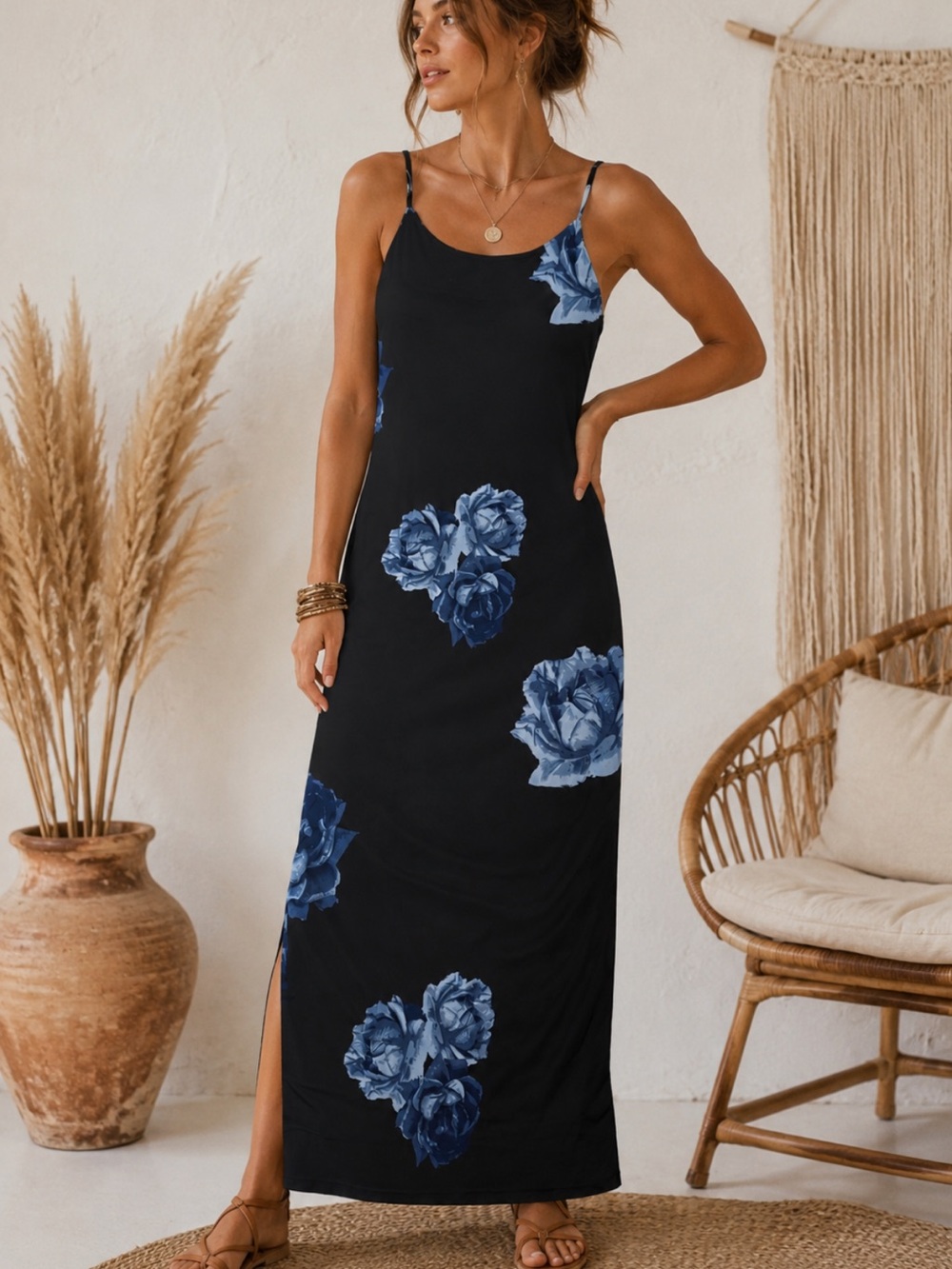 Jolie & Joy Black Maxi Slip Dress with Blue Floral Print